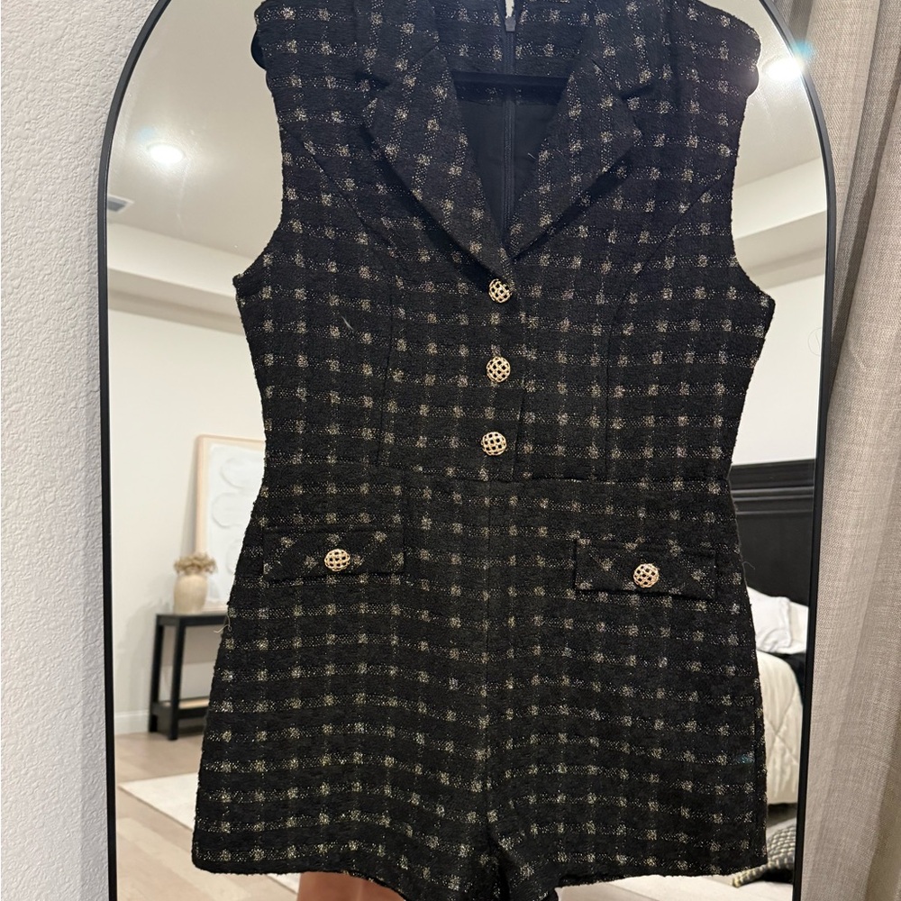 Vici Black and Gold Checkered Sleeveless Jumpsuit